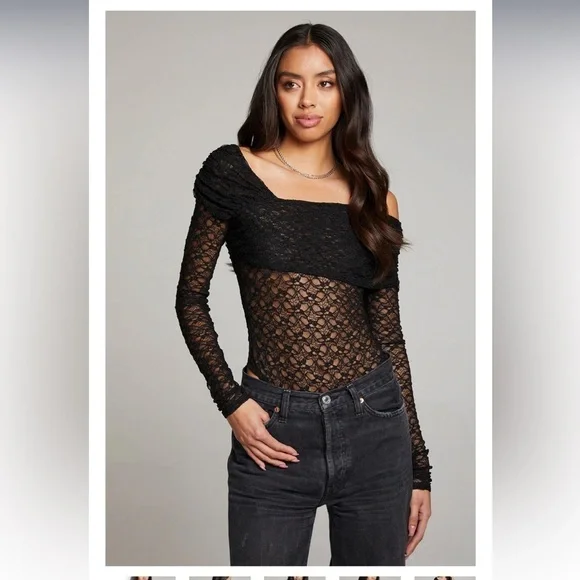 CHASER Black Long Sleeve Stretch Lace Off Shoulder Body Suit - Picture 4 of 9